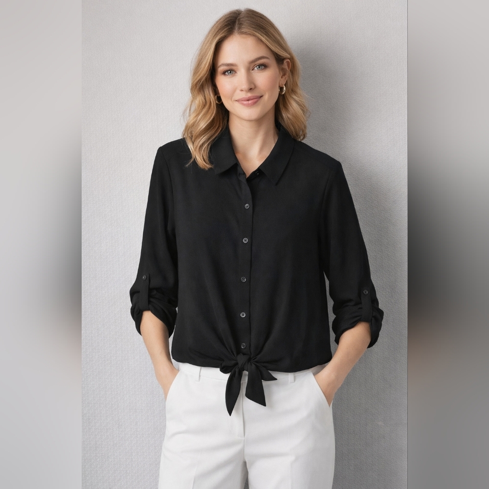 Simply Vera Wang XL Black Blouse Tie Front Minimalist Chic Capsule Work Top